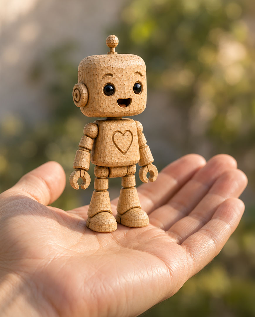 Kleiner-Holzroboter-auf-einer-Hand