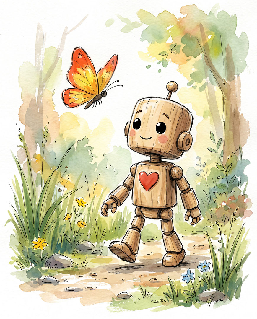Kleiner-Holzroboter-mit-Schmetterling